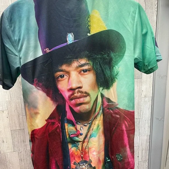 Jimi Hendrix :Artistic Green and Blue Short Sleeve Tee with Psychedelic Design - Picture 2 of 2